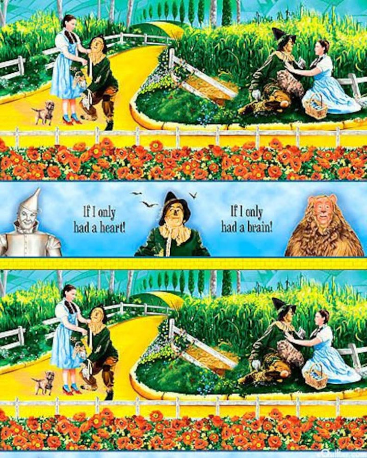 Follow Yellow Brick by the Yard, Wizard of Oz fabric 1649, Judy Garland as Dorothy Glinda Tin Man Cowardly Lion Scarecrow Slippers Quilt