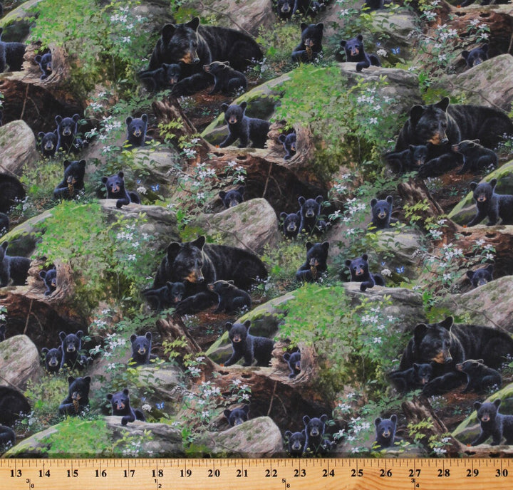 Black Bear and Cub Fabric Sold by Half Yard, 9608GREEN Tender Moments by Elizabeth's Studio, Black Bear Quilting Fabric Bed Gift Quilt