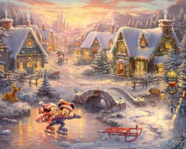 Mickey & Minnie Winter Skating Village Fabric Panel 36"x44", Disney by Thomas Kinkade licensed by David Textiles Digital Cotton Fabric Panel