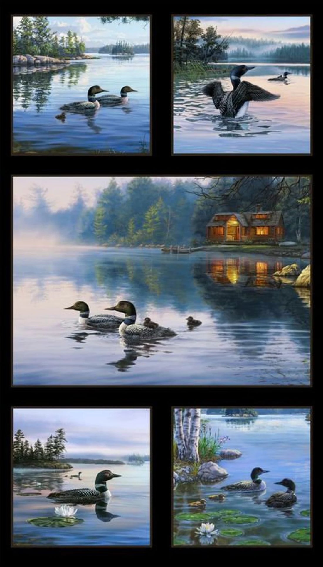 RARE Loon Fabric Panel 24"x44", 8909Black by Elizabeth's Studios, Loon Swimming Log Cabin Lake River Outdoors Wildlife