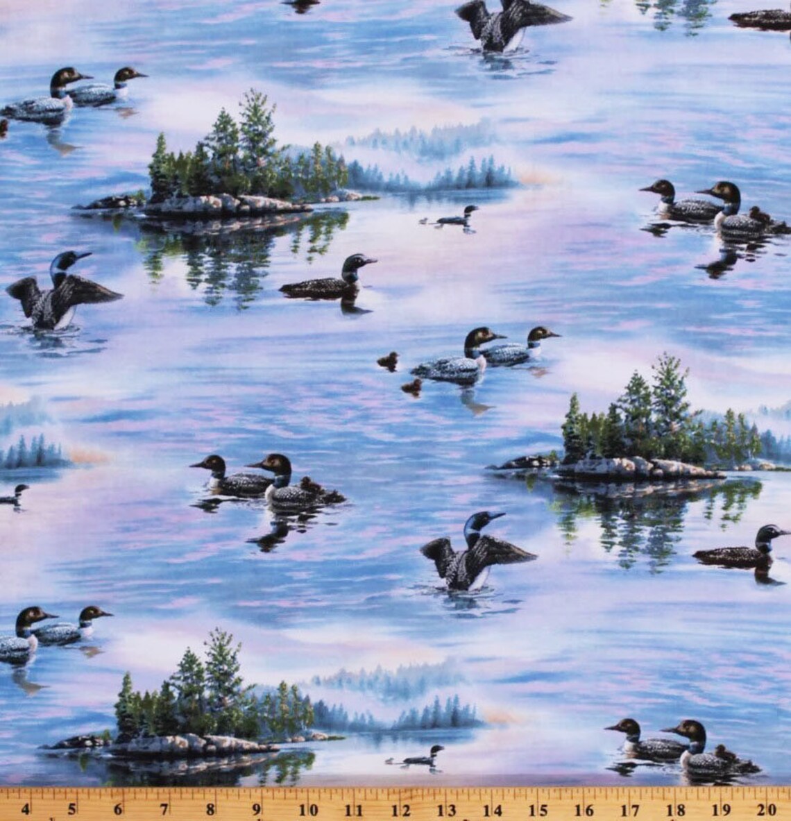 Loons on the Lake Scenic Sold by the Half Yard, Pattern # 8910 Blue, Elizabeth's Studio, 100% Cotton Woven Fabric
