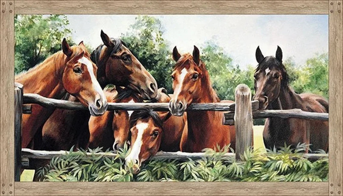 Pleasant Pastures Horse Fabric Panel 44"x24", Northcott DP21411, Horse Quilt Wall Hanging Fence Rail