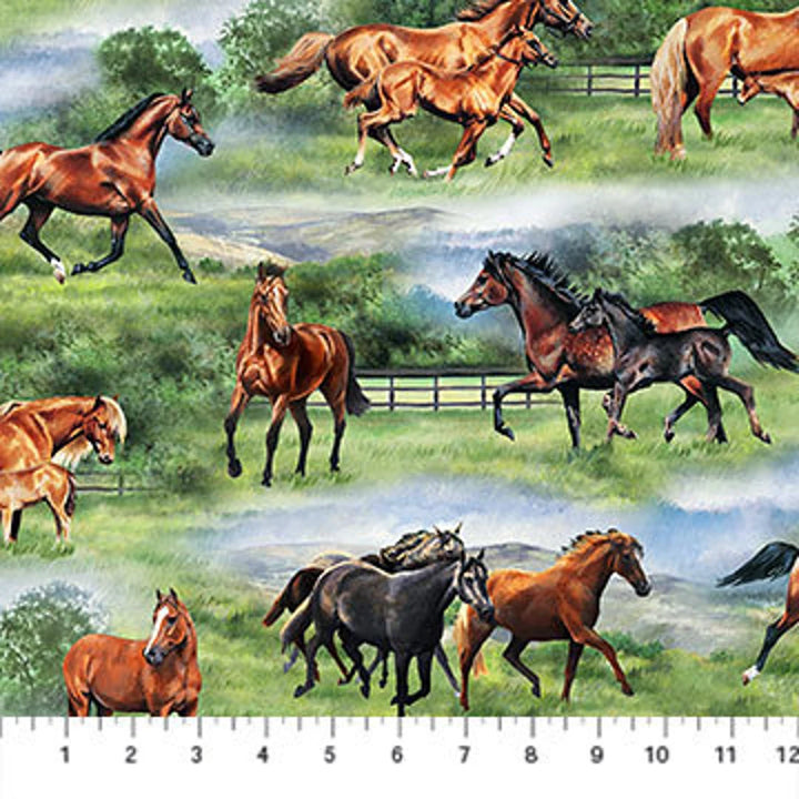 Horse Fabric Sold by the Half Yard, 21412 Pleasant Pastures fabric by Northcott, Horse Quilt Wall Hanging Runner
