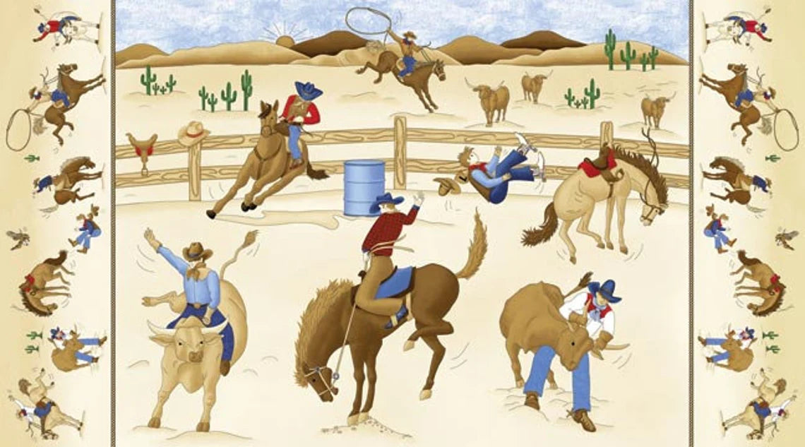 Horse Rodeo Fabric Panel 42"x24", 4855 Rodeo Round Up by Northcott, Rodeo quilt wall hanging runner