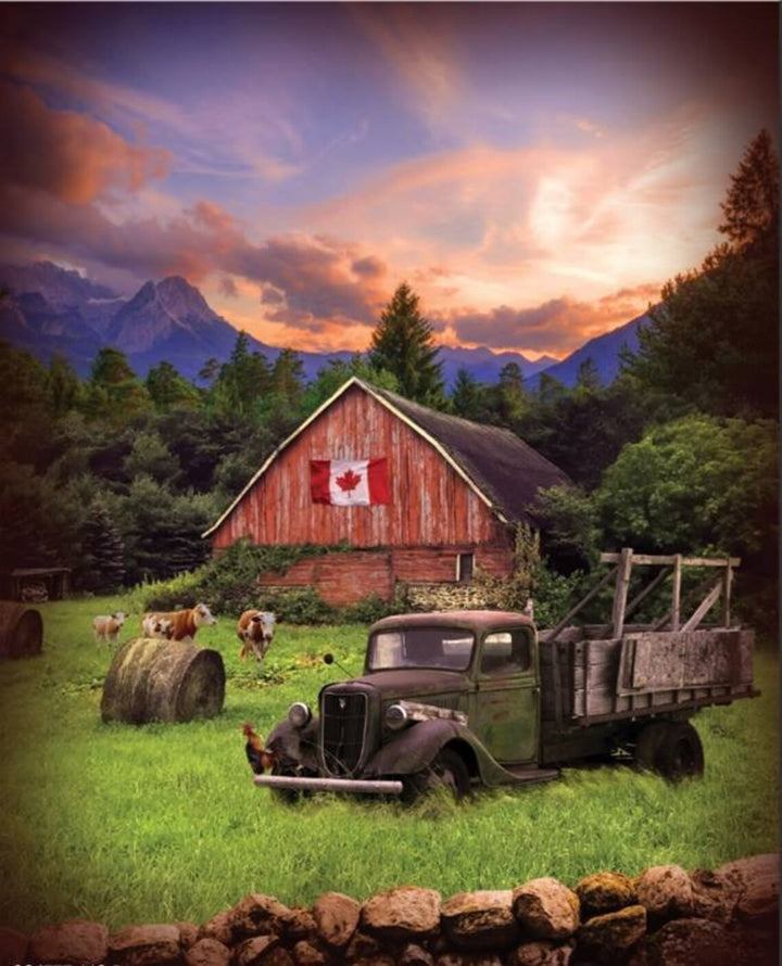 Canadian Barn Panel 32"x42", Hoffman Panel, Cows Red Barn Old Truck Sunrise Chickens Canada Quilt Wall Hanging