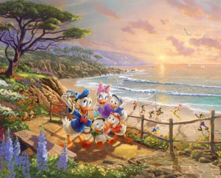 Donald Duck & Family Beach Fabric Panel 36"x44", Thomas Kinkade, Sand Ocean Water Palm Trees, Donald Daisy Quilt
