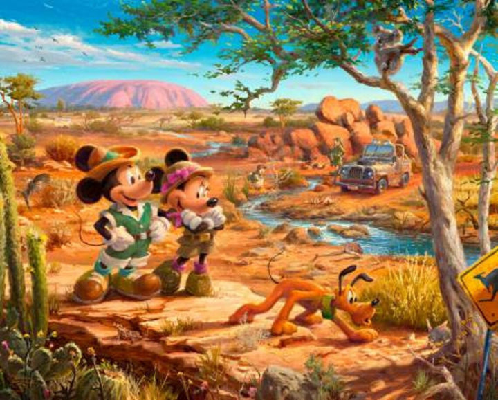 Mickey & Minnie Outback Fabric Panel 36"x44", Thomas Kinkade, Sand Ocean Water Palm Trees, Mickey Minnie Quilt Wall Hanging