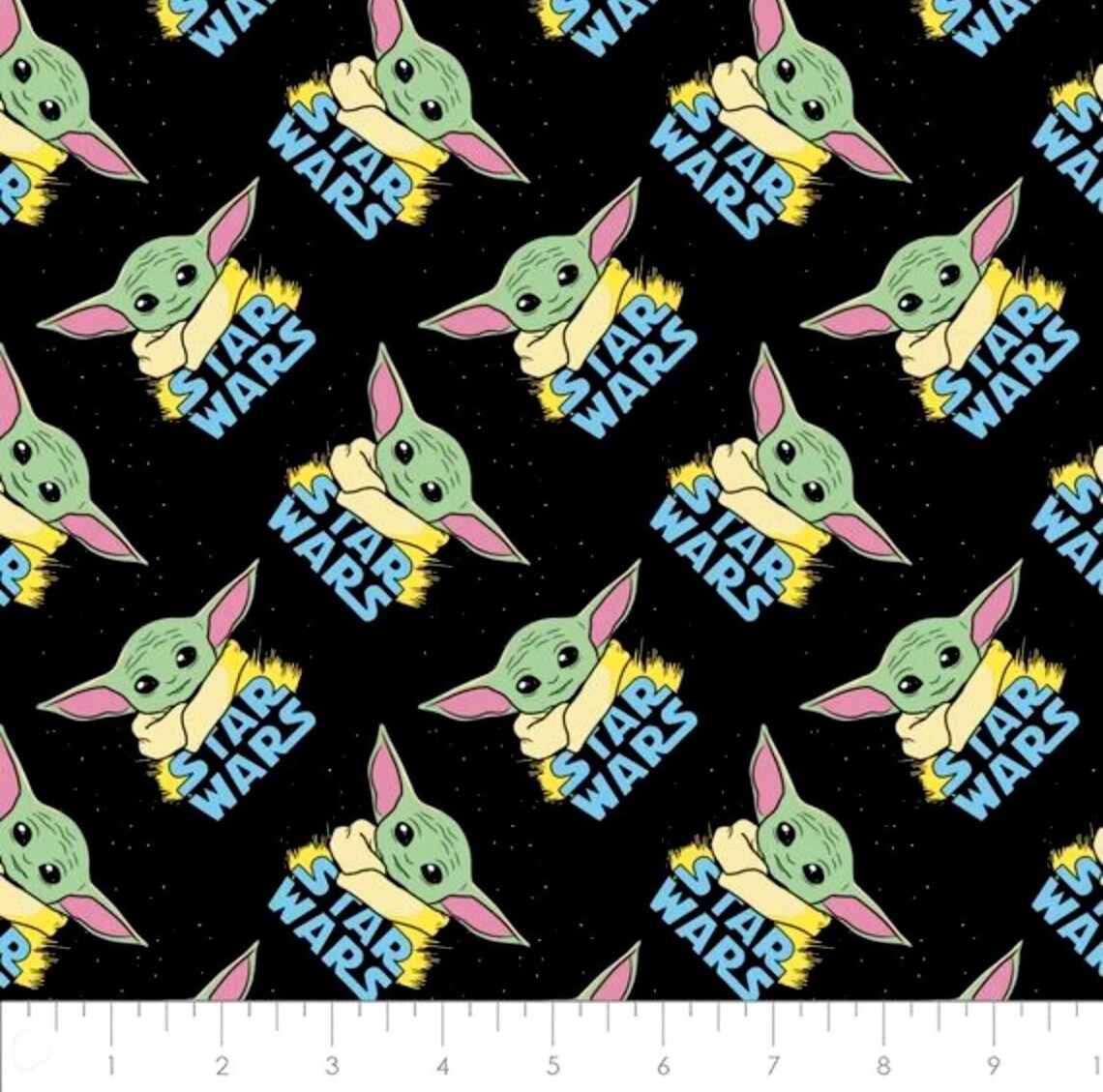 Baby Yoda Fabric 1/2 Yard, Star Wars fabric Quilt Gift, The Mandalorian fabric, Baby Yoda and Star Wars logo on black fabric 100% cotton