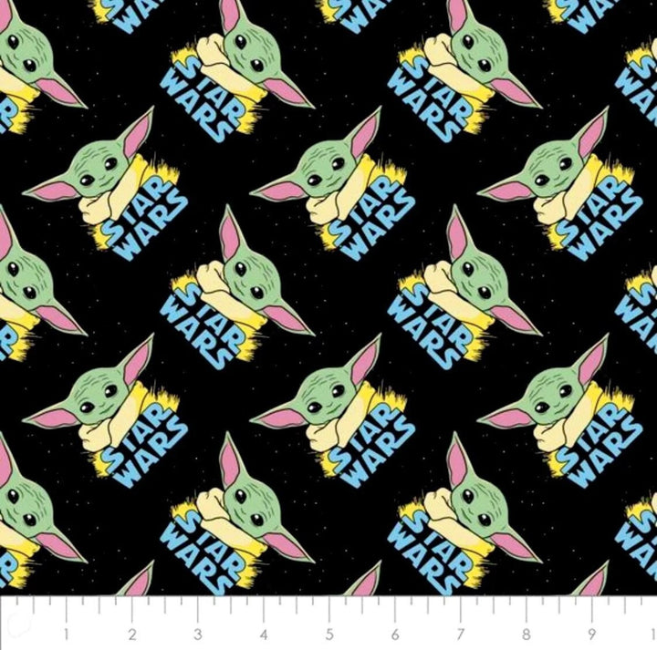 Baby Yoda Fabric 1/2 Yard, Star Wars fabric Quilt Gift, The Mandalorian fabric, Baby Yoda and Star Wars logo on black fabric 100% cotton