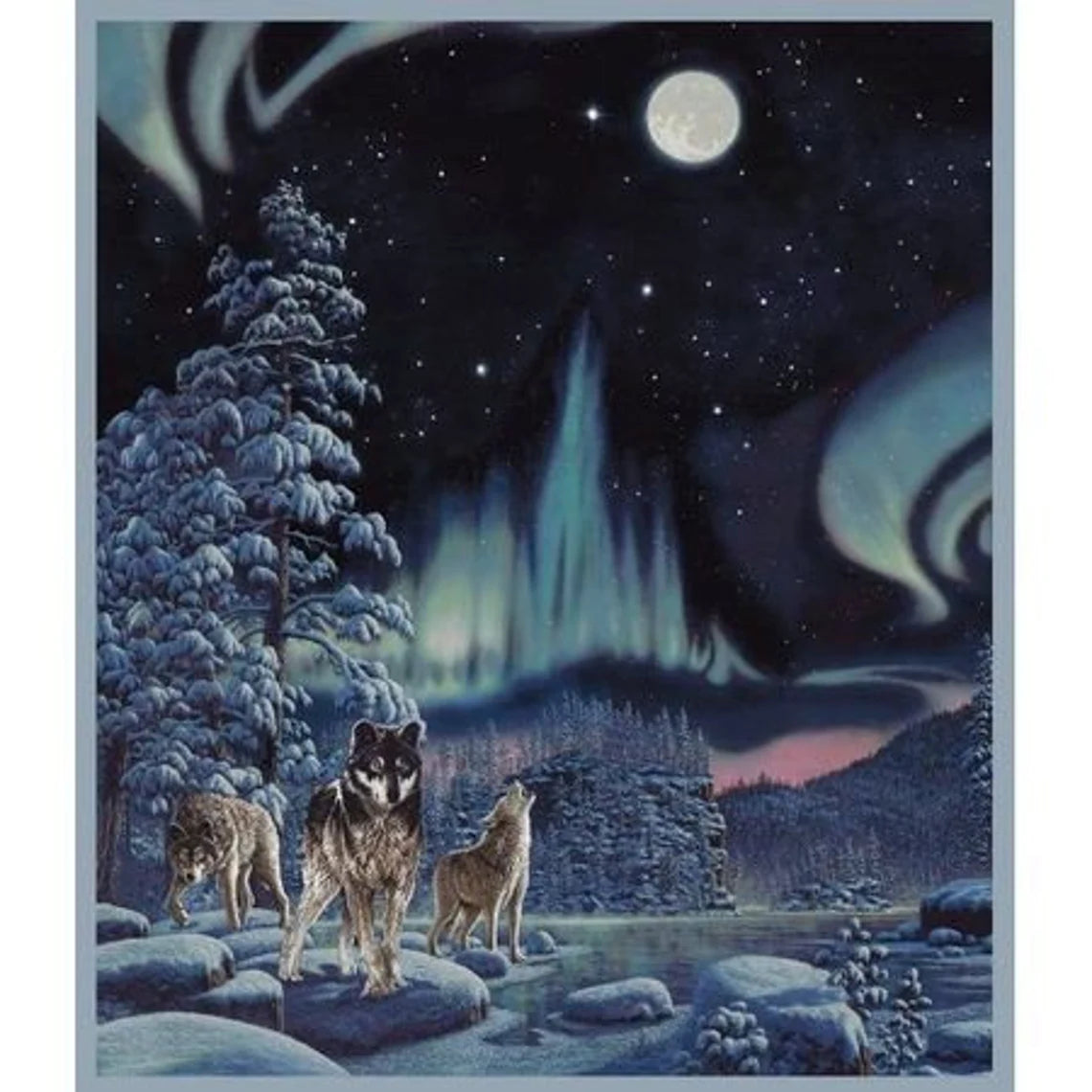 Wolf Fabric Panel 36"x44", Northern Lights Wolf 50063DP, Windham Fabrics, Wolf Gift Quilt Wall Hanging