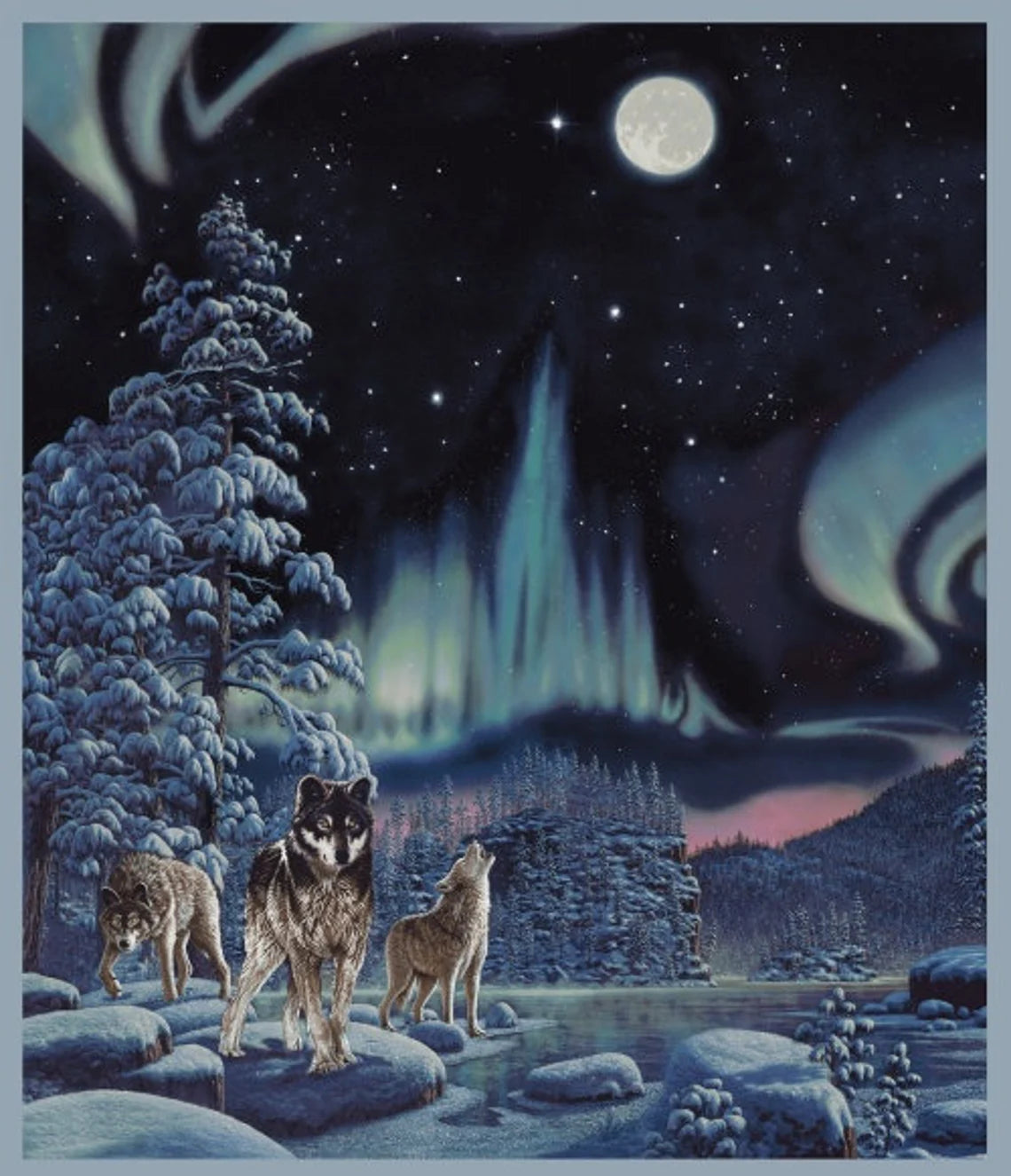 Wolf Fabric Panel 36"x44", Northern Lights Wolf 50063DP, Windham Fabrics, Wolf Gift Quilt Wall Hanging