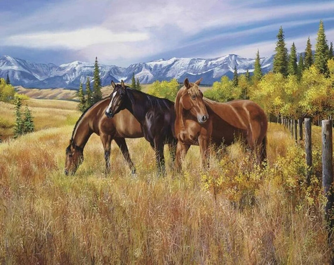 Horse Fabric Panel 43"x36", PD11120 Foothills by Riley Blake, Horse Bed Quilt Blanket Gift Trees Mountains Grass Meadow