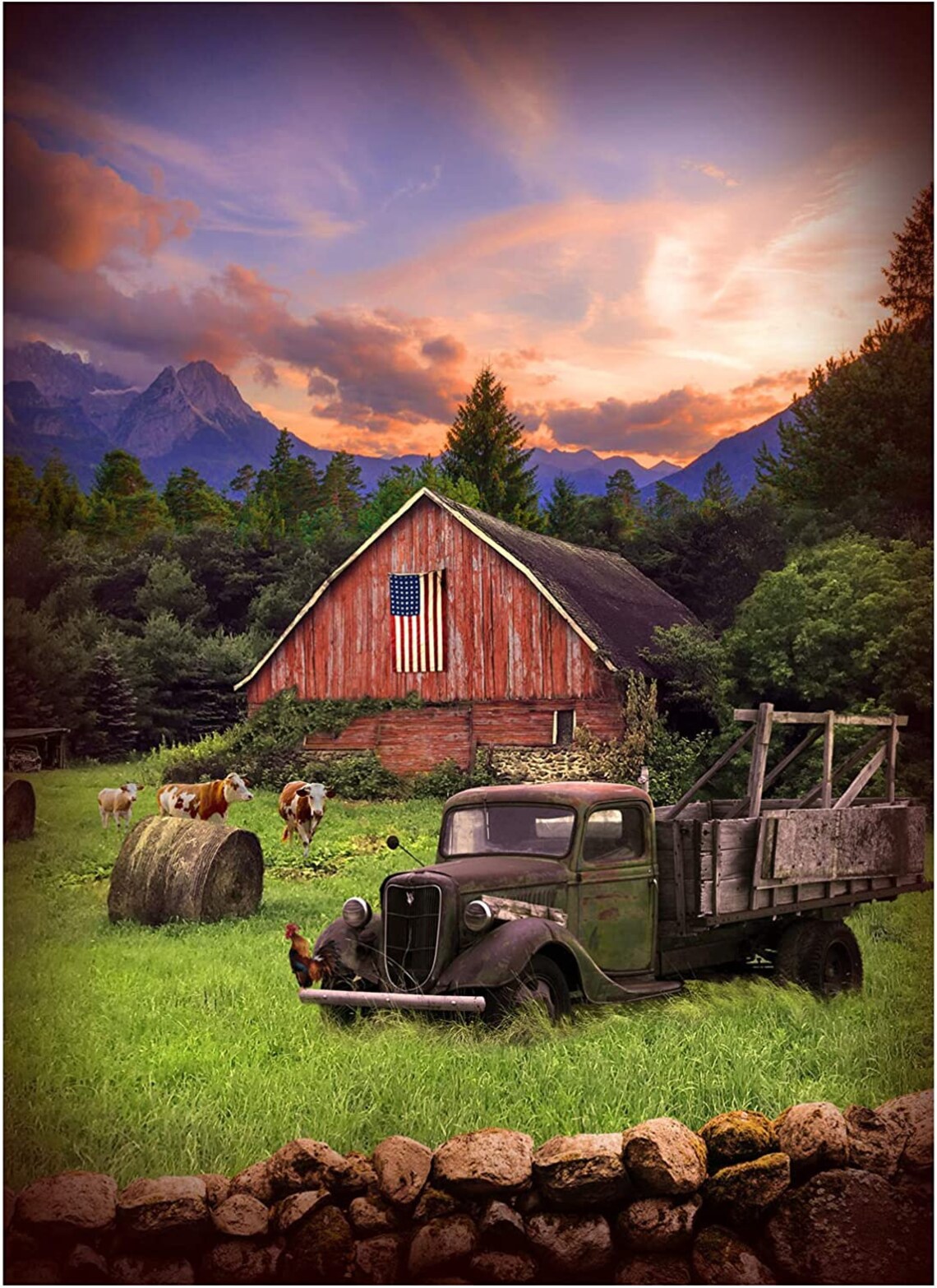 American Barn Panel 32"x42", Hoffman Panel, Cows Red Barn Old Truck Sunrise Chickens United States Flag Quilt Wall Hanging
