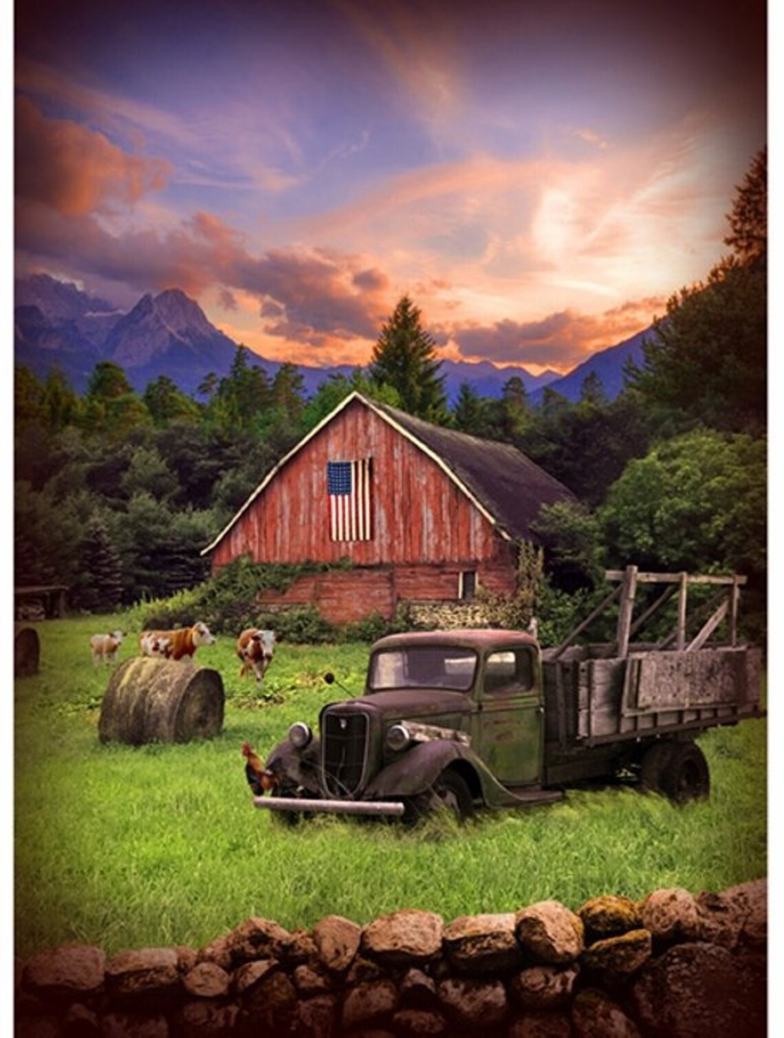 American Barn Panel 32"x42", Hoffman Panel, Cows Red Barn Old Truck Sunrise Chickens United States Flag Quilt Wall Hanging