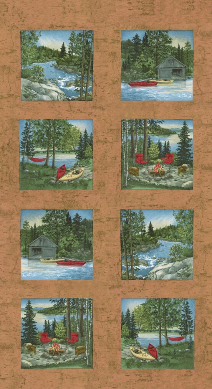 River Journey Fabric Panel 25"x44", Holly Taylor Fabric 6680-19 Moda, Camping Fishing Outdoors Bed Lay Throw Gift Quilt Trees Forest Canoe