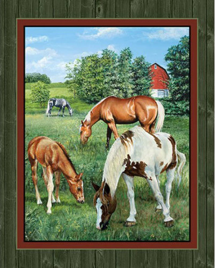 Horses Fabric Panel 36"x44", 16221 Valley Crest Panel by Springs, Horse Water Barn Ranch Barbwire Meadow Fences Barn wood, Horse Quilt Gift