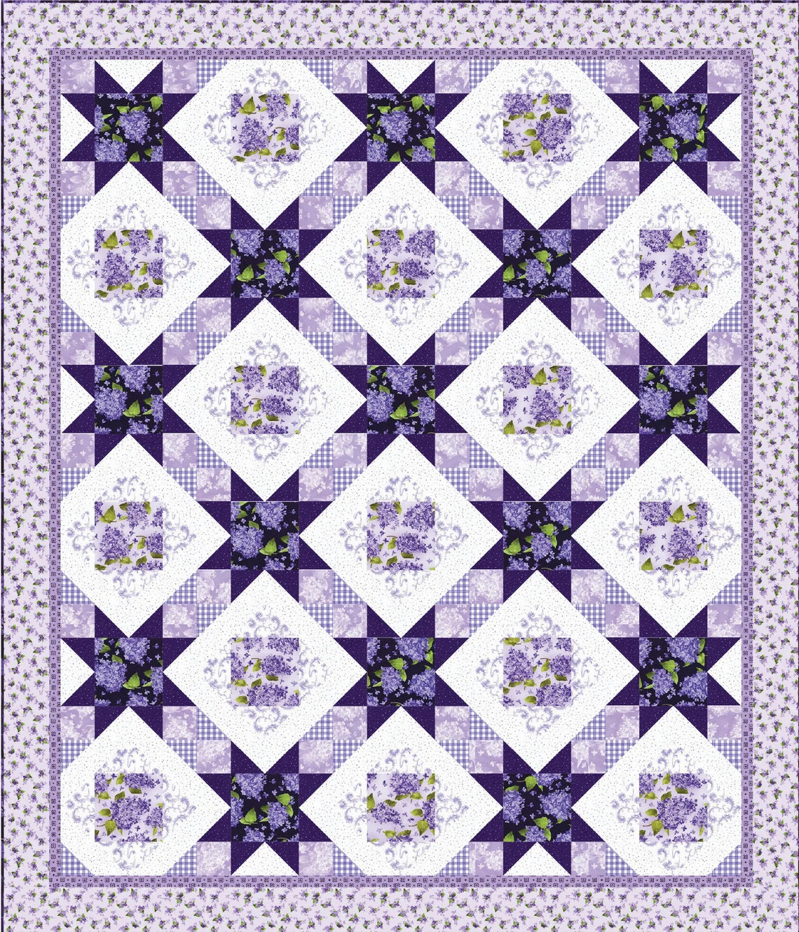 Quilt Kit 70"x82", Rosy Stars Quilt Kit using Elizabeth fabrics from Henry Glass, Lilacs Gift Bed Quilt Lap Twin Double Queen