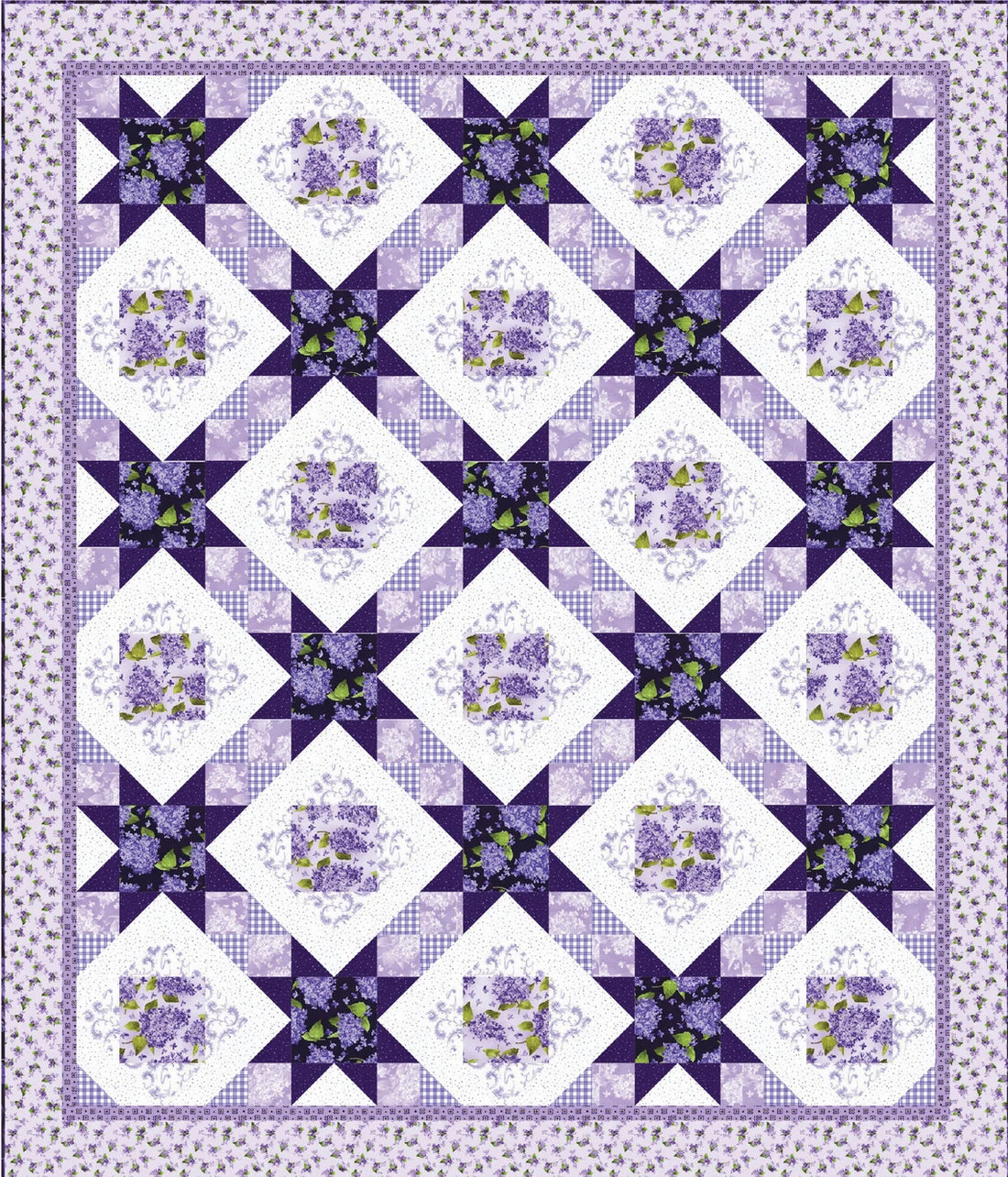 Quilt Kit 70"x82", Rosy Stars Quilt Kit using Elizabeth fabrics from Henry Glass, Lilacs Gift Bed Quilt Lap Twin Double Queen