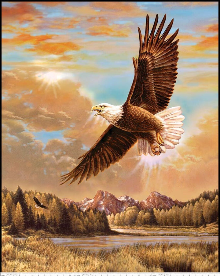 Eagle Fabric Panel 36"x43", P6480-Eagle Majestic Outdoors, Eagle soaring over mountains fabric panel