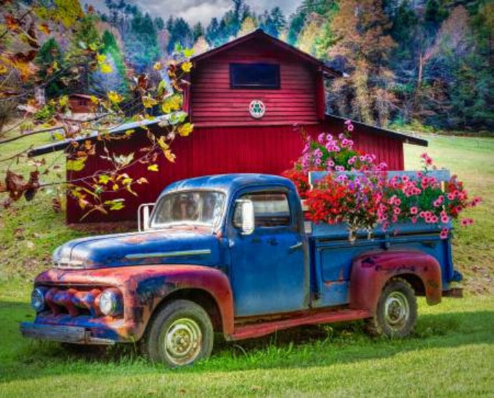 Blue Truck Barn Fabric Panel 43"x36", Truck At The Farm Panel # AL49502C1, Spring Flowers Gift Present Bed Quilt Red Barn Digital Print
