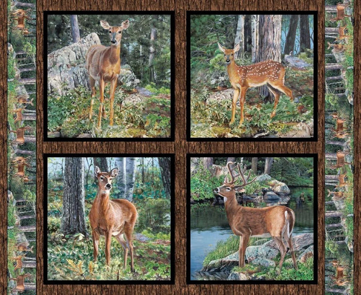Deer Pillow Panel 43"x36", Cradle Rock by Springs, 4 Pictures on a Panel, Deer Gift Bed Quilt Wall Hanging Placemats