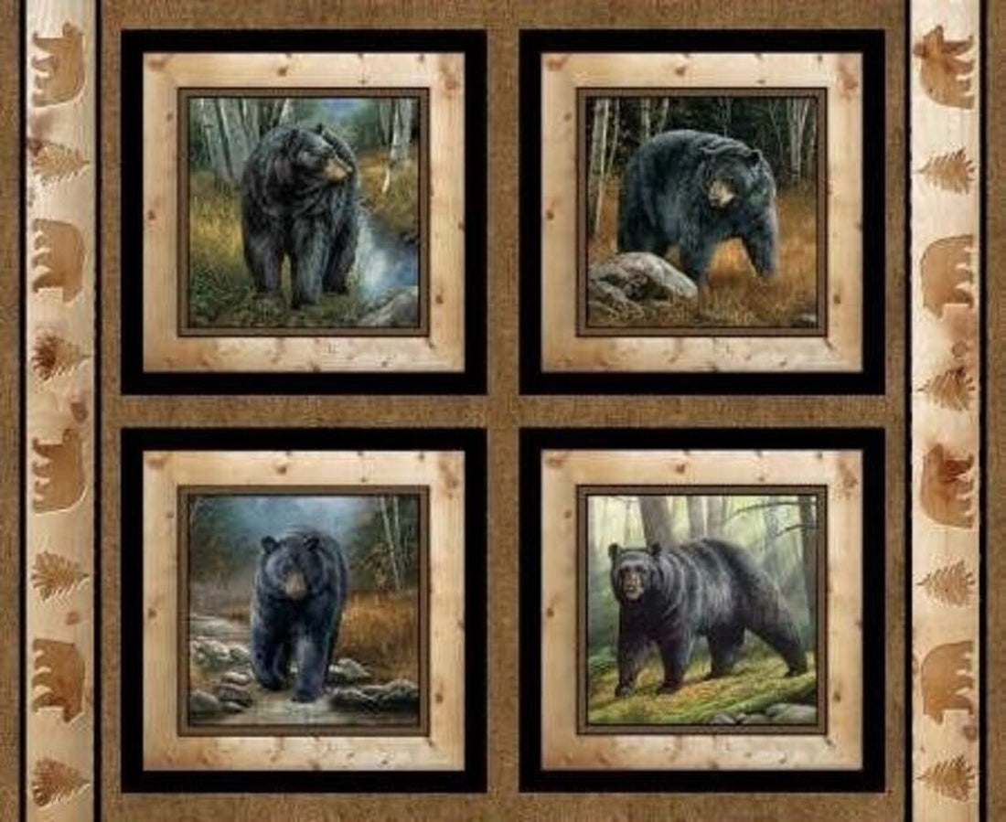 Black Bear Pillow Panel 36"x44", Reluctant Companion Wall Panel, Black Bear Quilt Wall Hanging Forest Rocks Trees Water Lake River