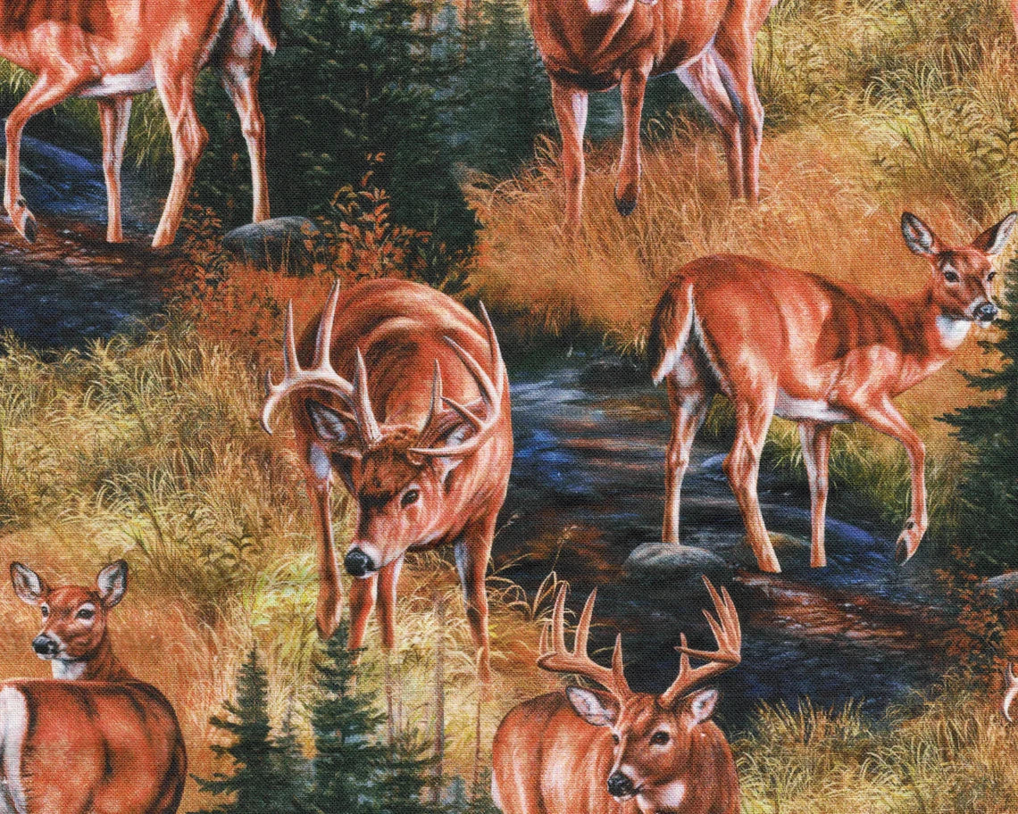 Deer Fabric 1/2 Yard, Stoney Brook Wild Wings 14020, Deer in Water Forest Quilt Wall Hanging Bed Table Runner Placemat Buck Doe
