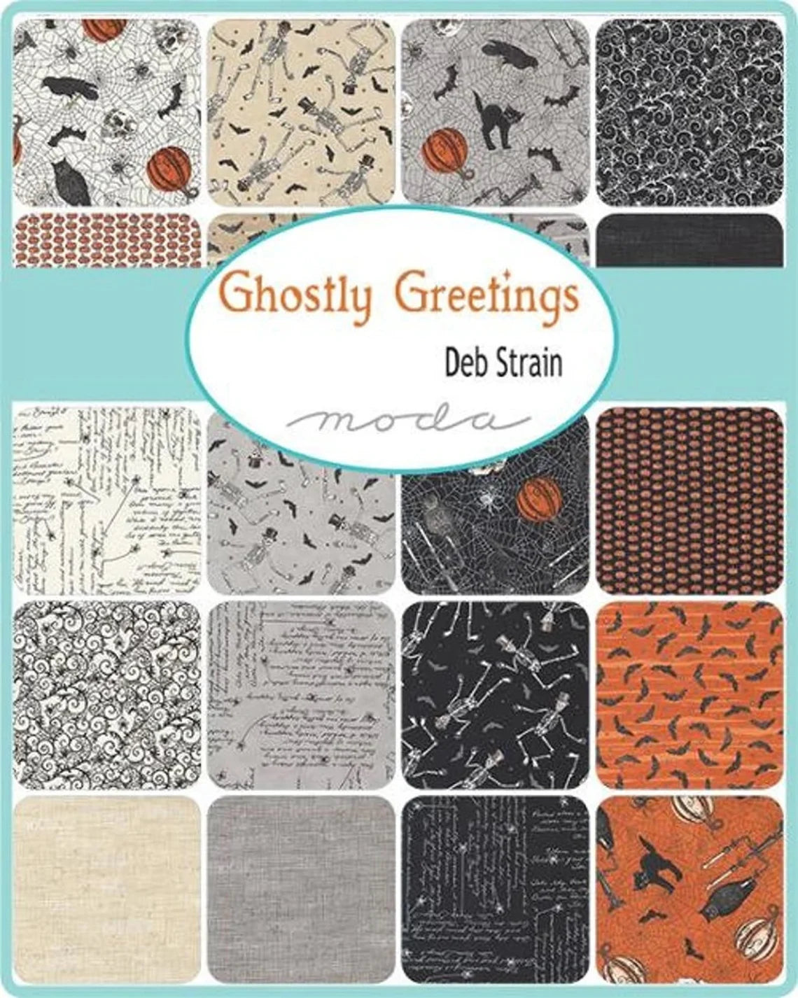 Ghostly Greetings Layer Cake 10"x10", Deb Strain 42 Precut Ten Inch Pieces, Halloween fabric, Pumpkins Bats Skeletons Owl Spider Web