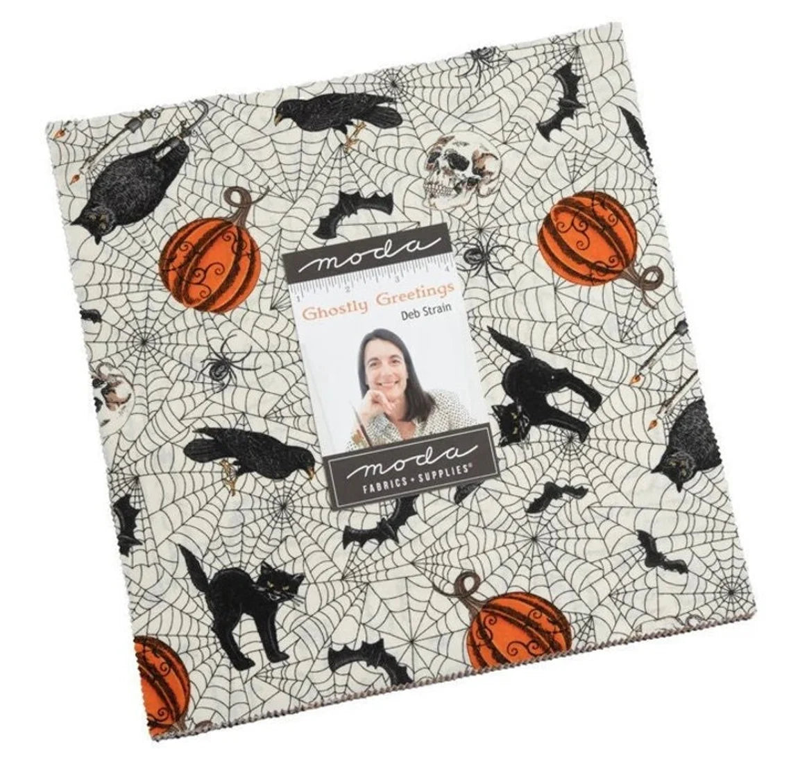 Ghostly Greetings Layer Cake 10"x10", Deb Strain 42 Precut Ten Inch Pieces, Halloween fabric, Pumpkins Bats Skeletons Owl Spider Web