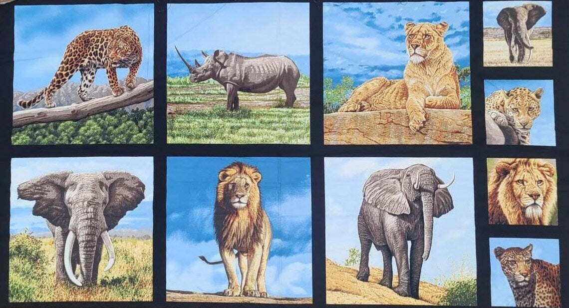 African Animals Fabric Panel 23"x43", 14632 Nature Robert Kaufman, Safari Animal Bed Quilt Wall Hanging Elephant Giraffe Lion Leopard Zebra