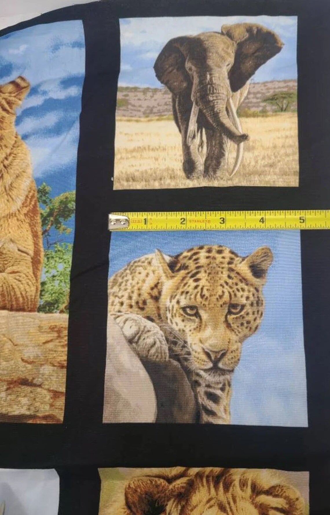 African Animals Fabric Panel 23"x43", 14632 Nature Robert Kaufman, Safari Animal Bed Quilt Wall Hanging Elephant Giraffe Lion Leopard Zebra