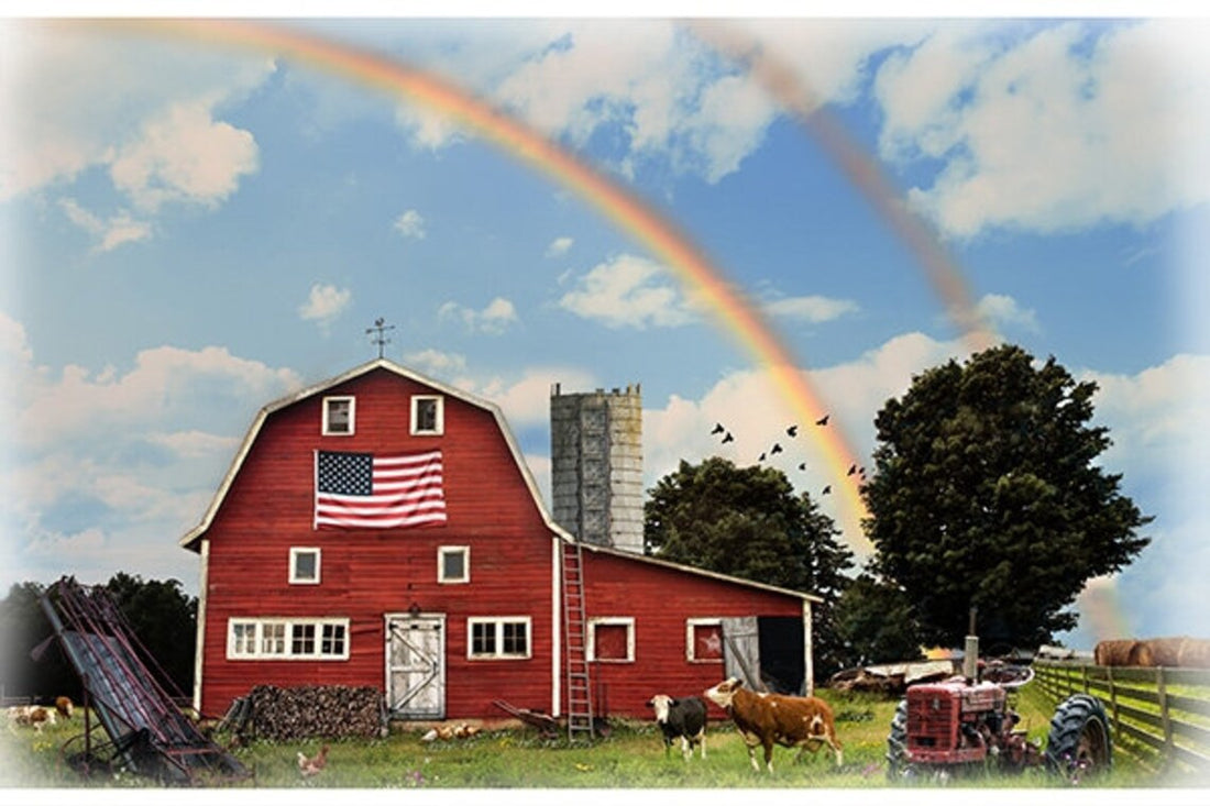 American Barn Rainbow Fabric Panel 29"x42", T46888 sky farm red barn antique tractor Wall Hanging Quilt Gift, Cows Red US Flag
