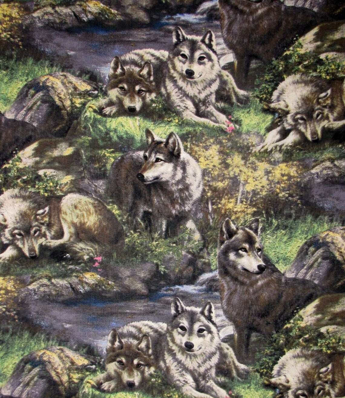 Wolves 1/2 yard, 15082 Lazy Afternoon wolf scenic allover fabric, Wolf bed quilt toddler adult wall hanging
