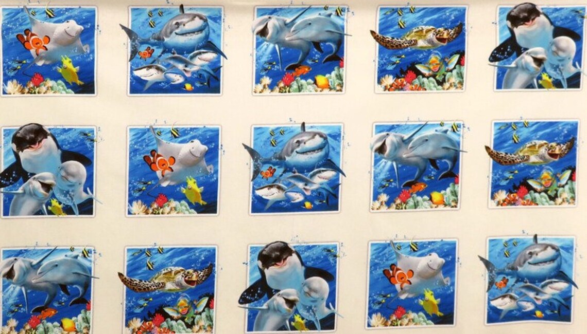 Ocean Selfie Panel 23"x43", 1317-Cream Elizabeth's Studio Elizabeth's Studio, Dolphin Orca Whale Clownfish Fish Shark Stingray Turtle