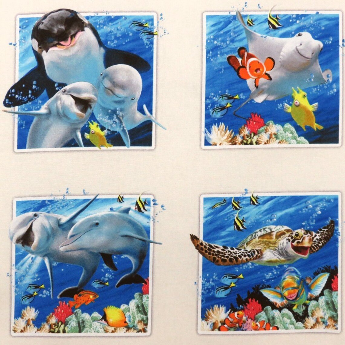 Ocean Selfie Panel 23"x43", 1317-Cream Elizabeth's Studio Elizabeth's Studio, Dolphin Orca Whale Clownfish Fish Shark Stingray Turtle