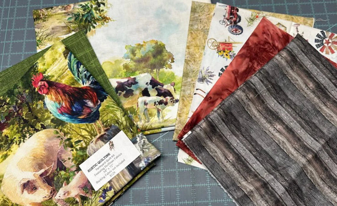 Quilt Kit 54"x72" Farmyard Quilt, Fabric by Hoffman, Red Barn Garden Flowers Farm Gift Bed Quilt Kit