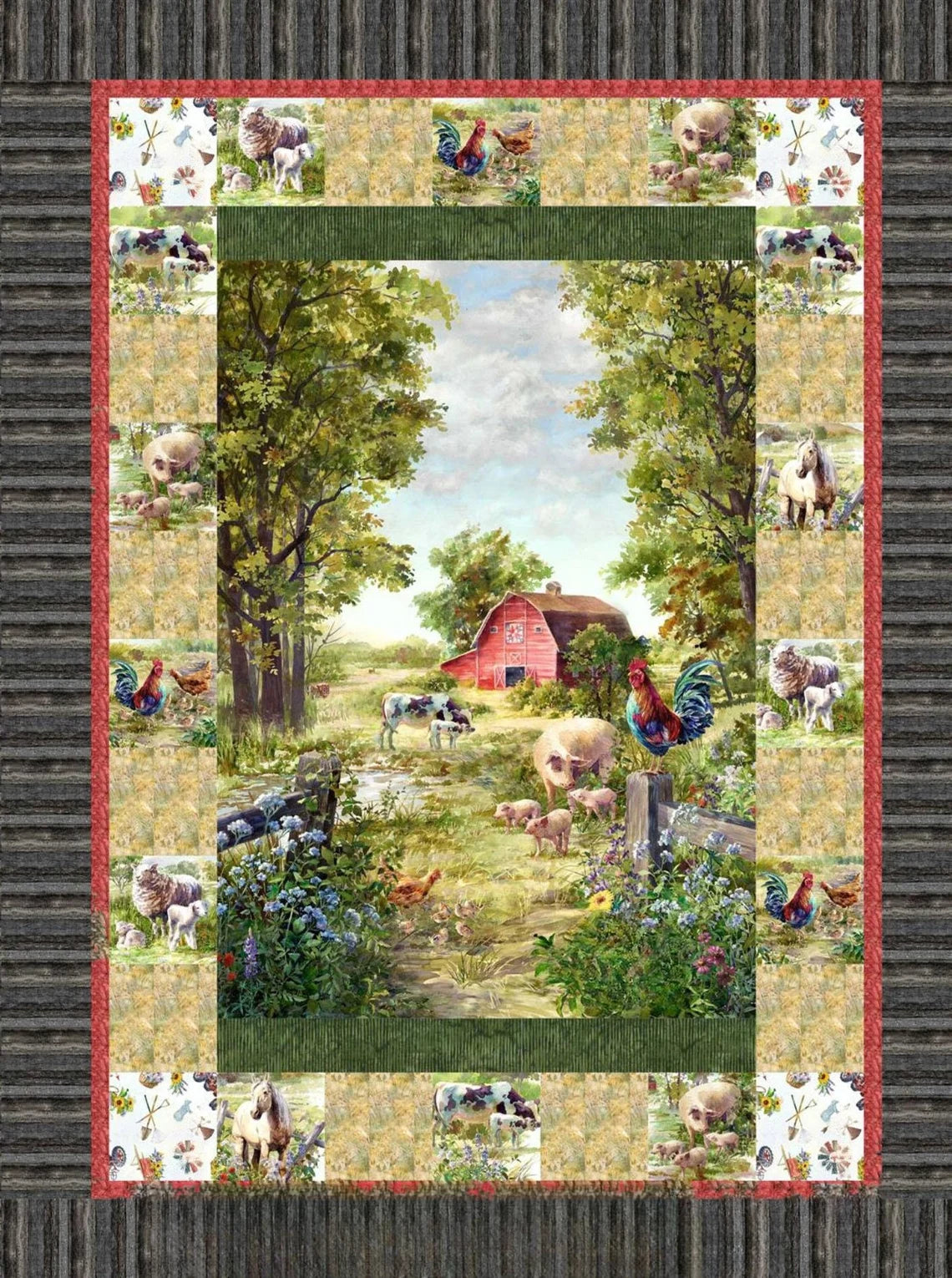 Quilt Kit 54"x72" Farmyard Quilt, Fabric by Hoffman, Red Barn Garden Flowers Farm Gift Bed Quilt Kit
