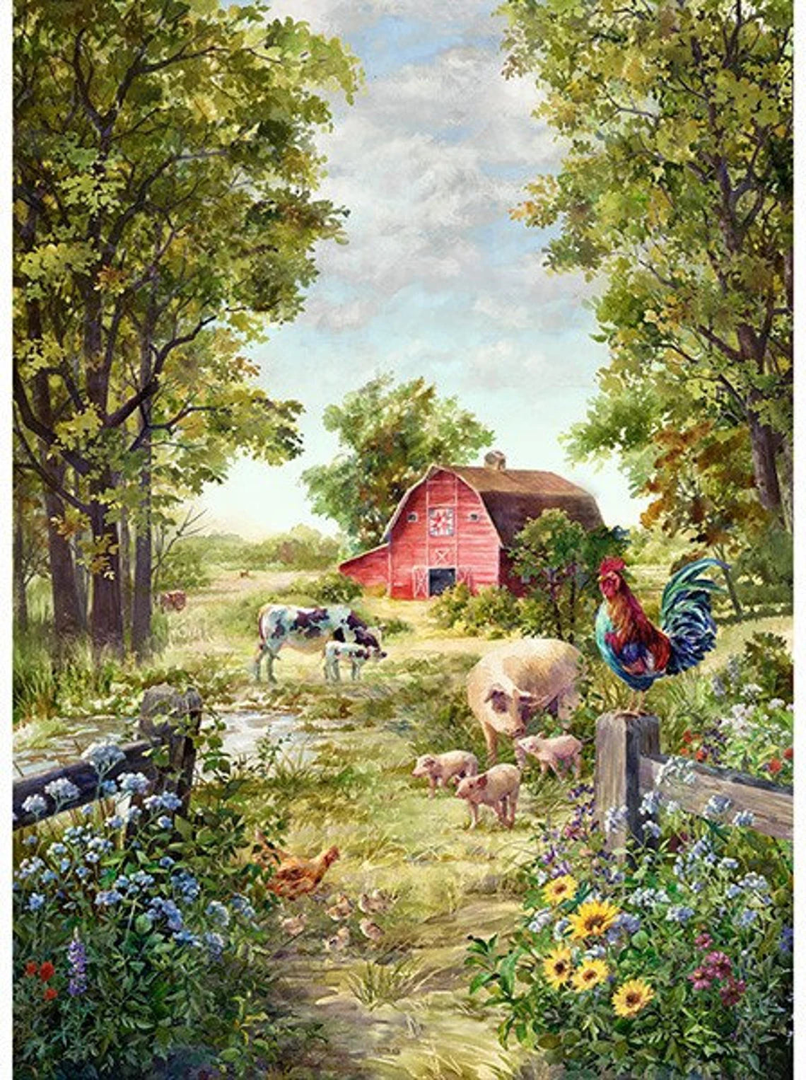Quilt Kit 54"x72" Farmyard Quilt, Fabric by Hoffman, Red Barn Garden Flowers Farm Gift Bed Quilt Kit