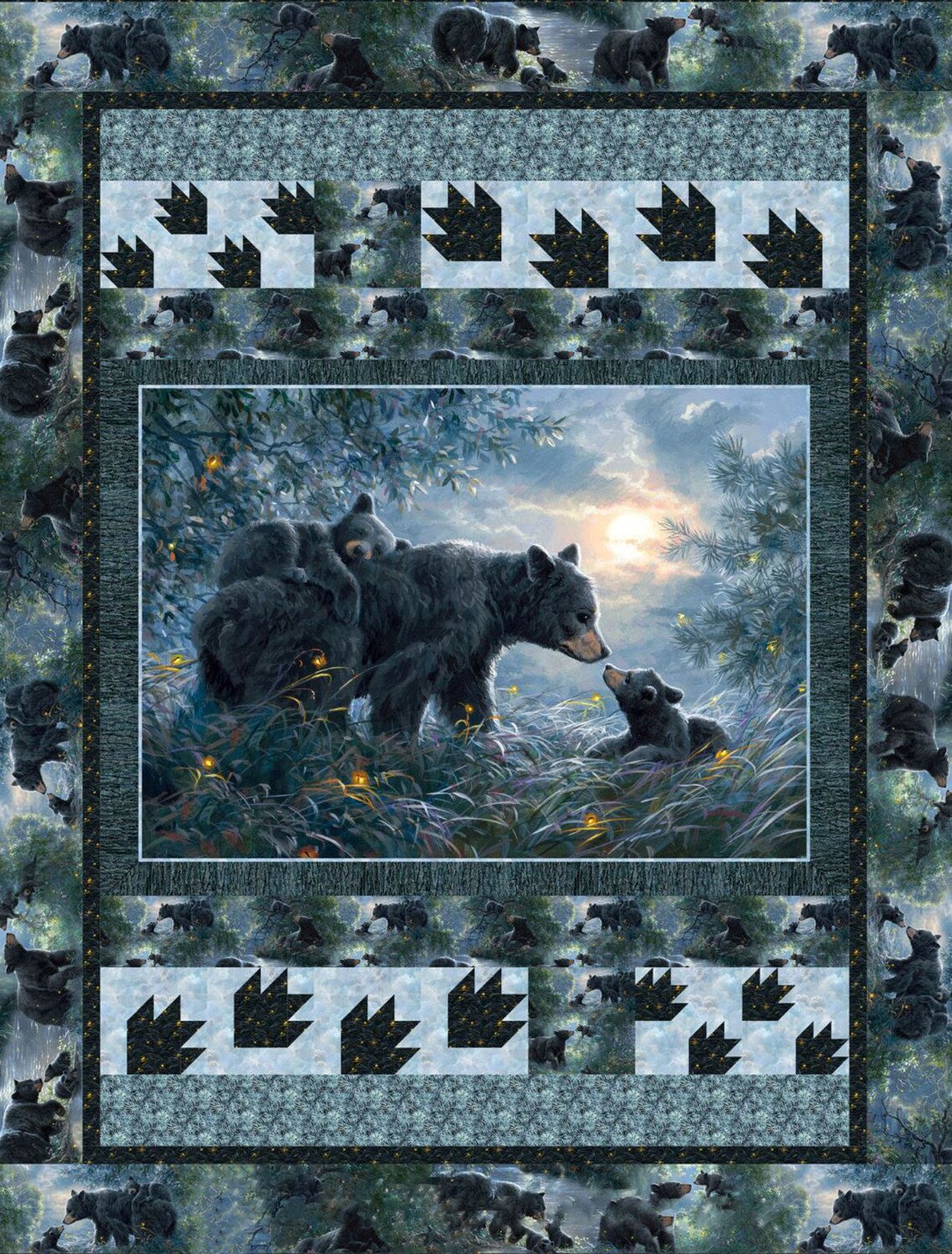 Quilt Kit 54”x70”, Moonlight Kisses fabrics by Northcott Bed Quilt Wildlife Bear Bed Quilt Queen Twin leaves clouds bark