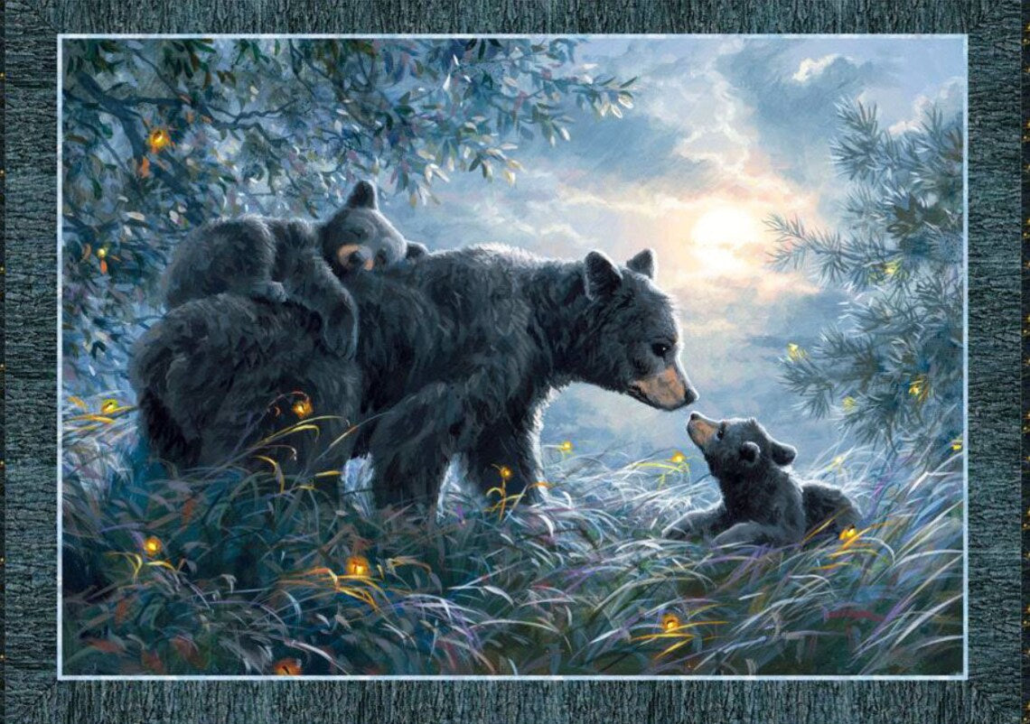 Quilt Kit 54”x70”, Moonlight Kisses fabrics by Northcott Bed Quilt Wildlife Bear Bed Quilt Queen Twin leaves clouds bark