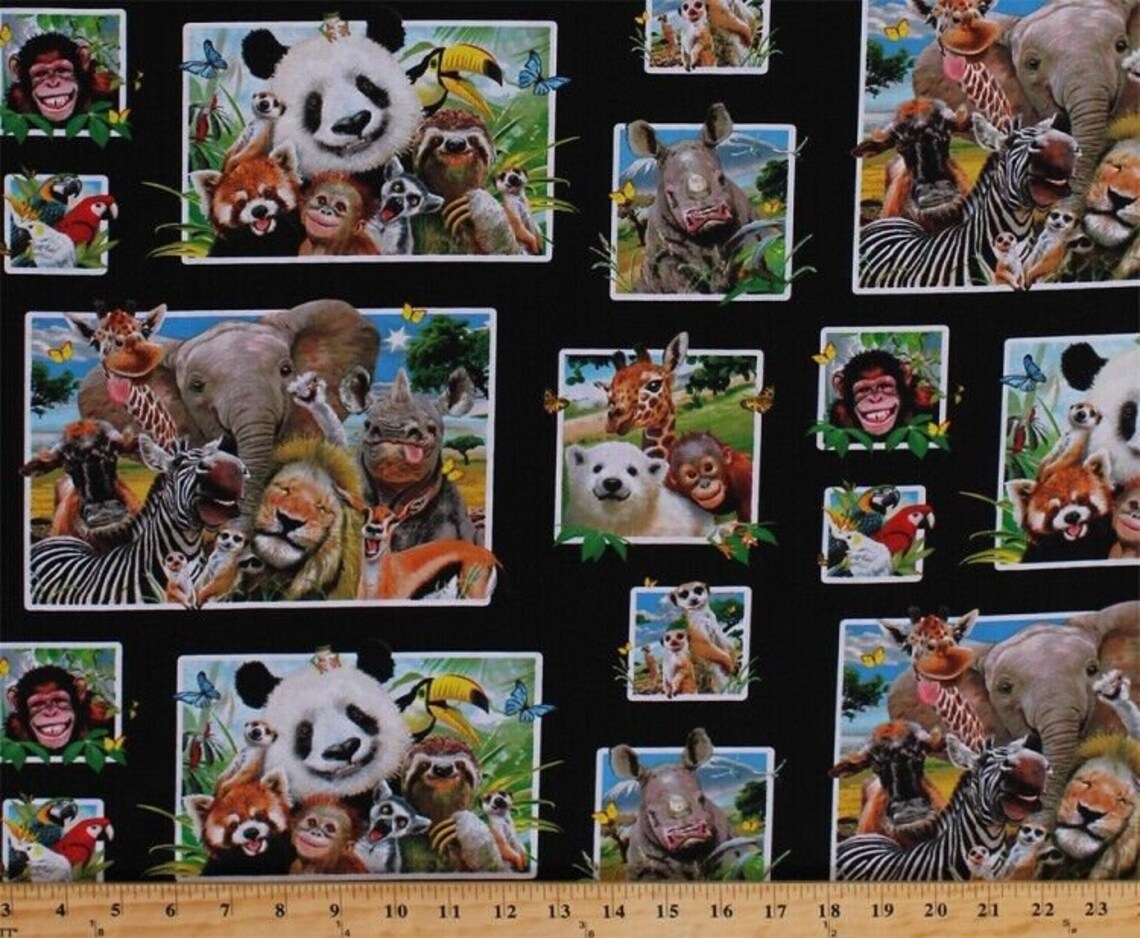 Safari Jungle Animals Selfie Fabric 1/2 yard, 1315-Black by Elizabeth Studios, Tigers Lions Leopard Elephant Hippo Jaguar Bed Quilt Wall