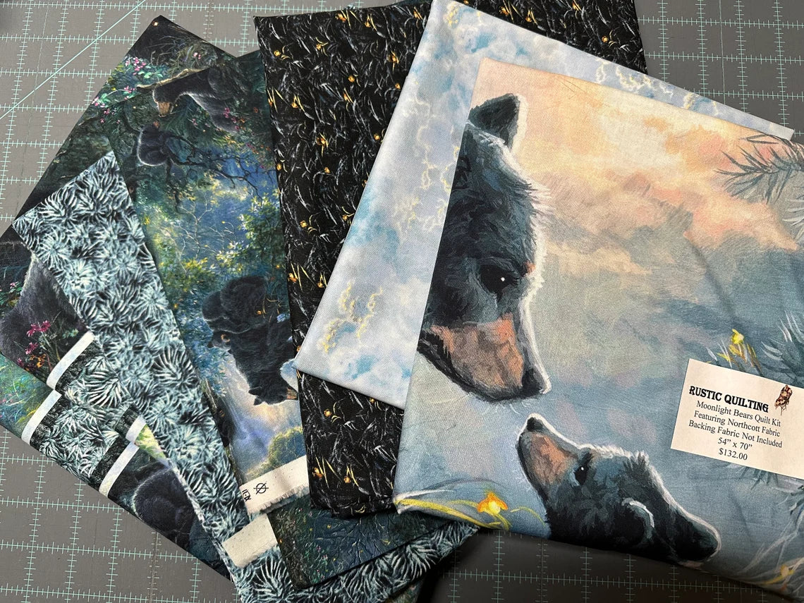 Quilt Kit 54”x70”, Moonlight Kisses fabrics by Northcott Bed Quilt Wildlife Bear Bed Quilt Queen Twin leaves clouds bark