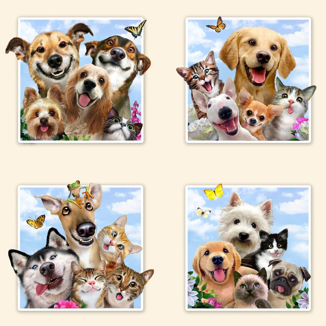 Dog and Cat Fabric Panel 23"x43", 1319 E-cream Dog and Cat Selfies by Elizabeth's Studio, dogs cats gift bed quilt toddler queen king