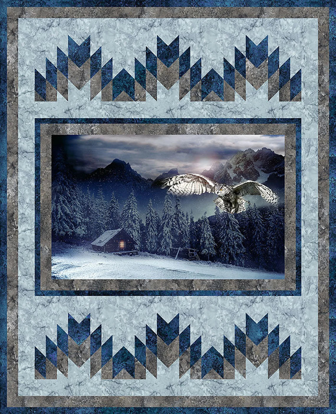 Quilt Kit 60”x73", Mystic Owl Call of the Wild fabrics by Hoffman, Owl Log Cabin Nothern Lights Gift Bed Quilt Forest Winter