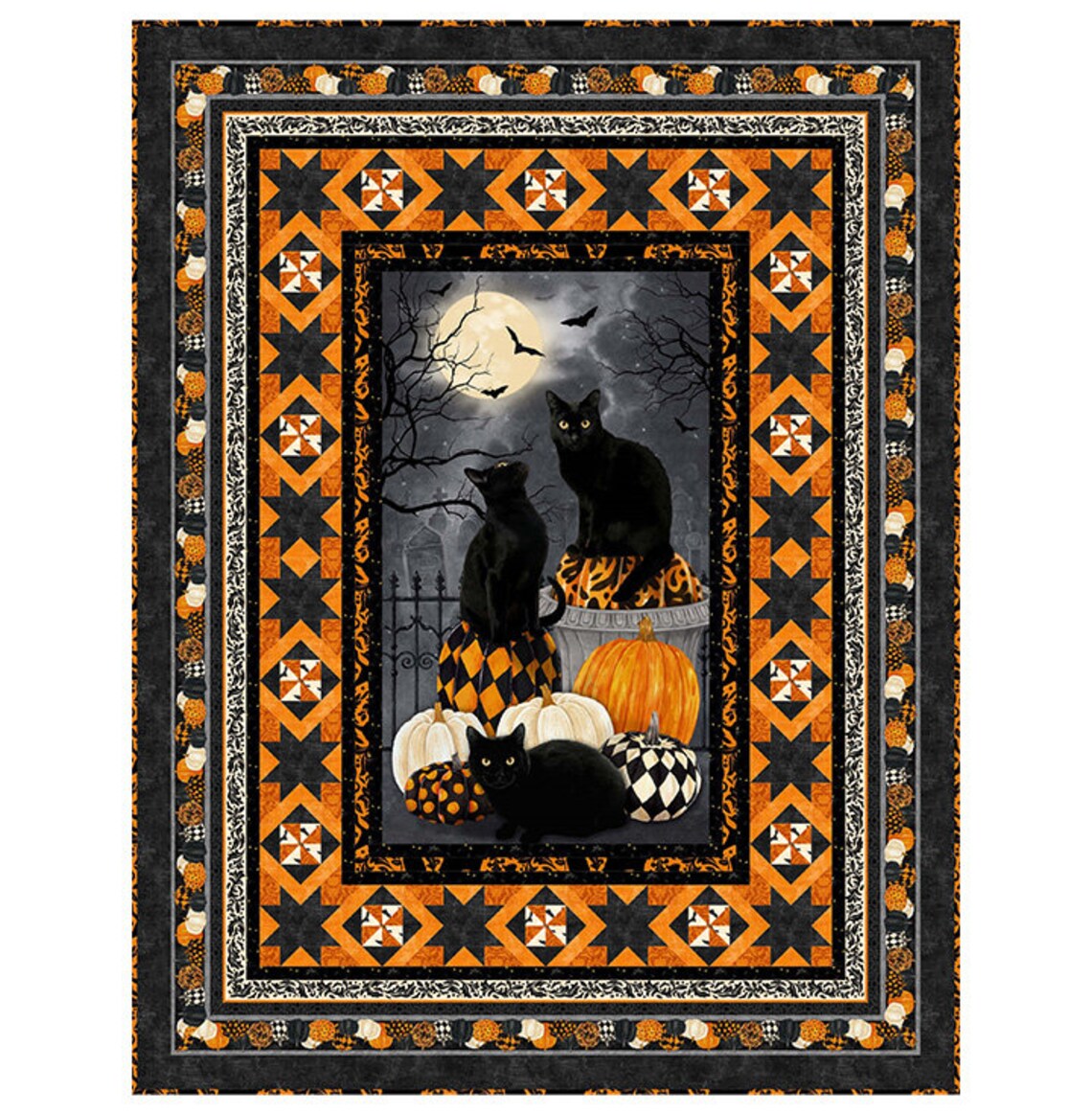 Quilt Kit 60"x78", Hallow's Eve fabrics by Northcott fabrics Bed Gift Quilt Black Cats Pumpkins Spooky Halloween Bats