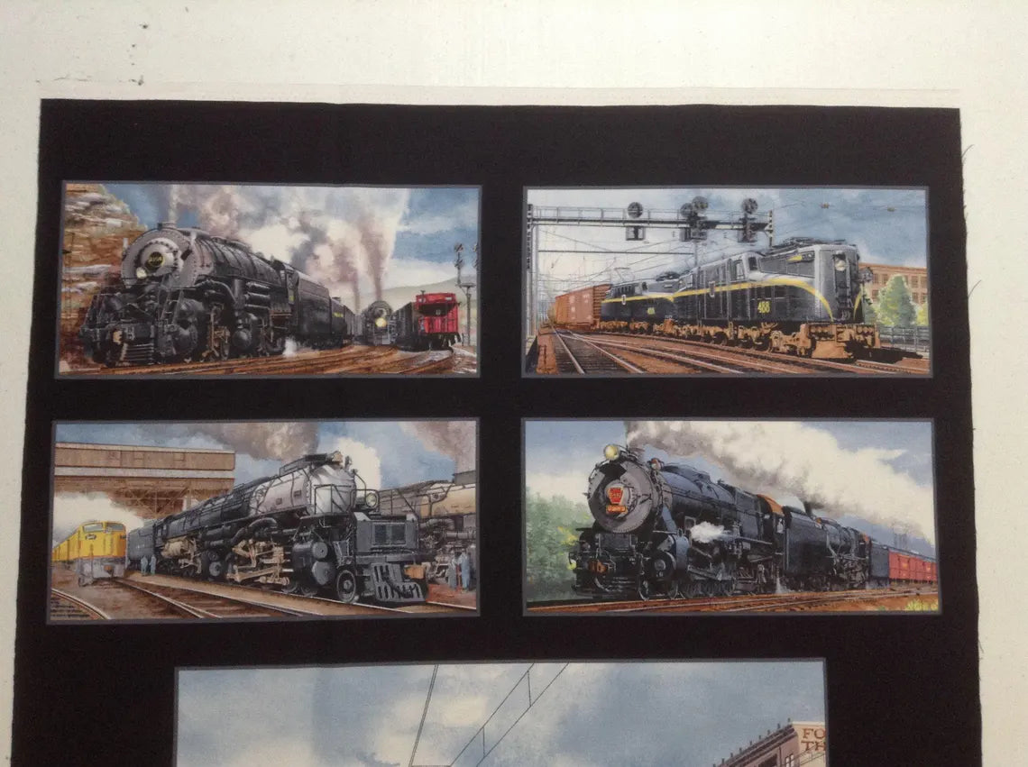 Train Fabric Panel 23"x43", All Aboard #8500 fabric by Elizabeth Studios, Train quilt gift for men boys bed quilt wall hanging locomotive