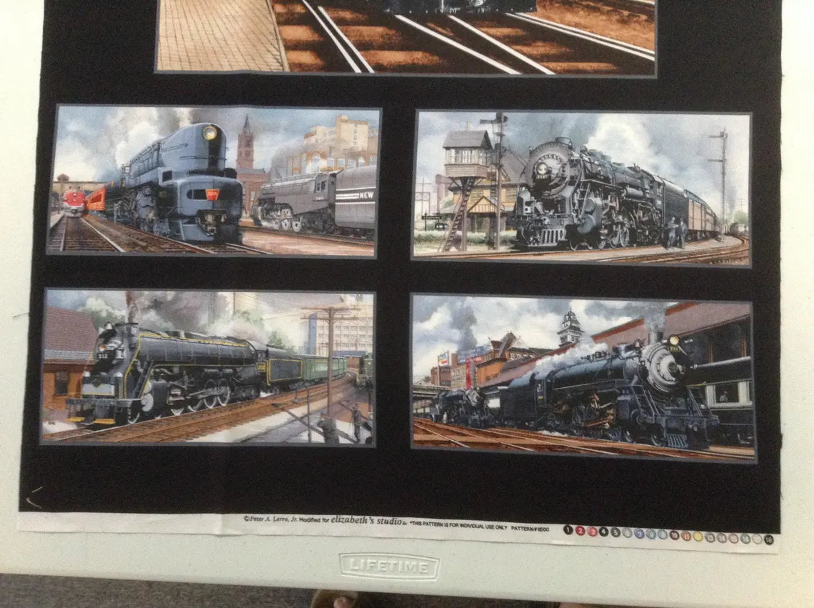 Train Fabric Panel 23"x43", All Aboard #8500 fabric by Elizabeth Studios, Train quilt gift for men boys bed quilt wall hanging locomotive