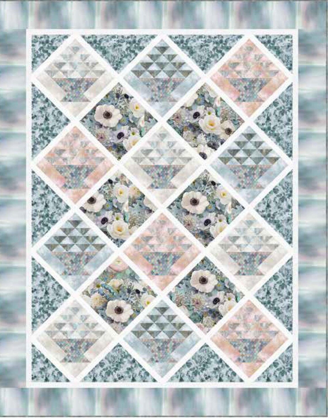 Quilt Kit Farmhouse Blooms 59"x74", Hoffman Fabrics, Floral Gift Quilt Wall Hanging