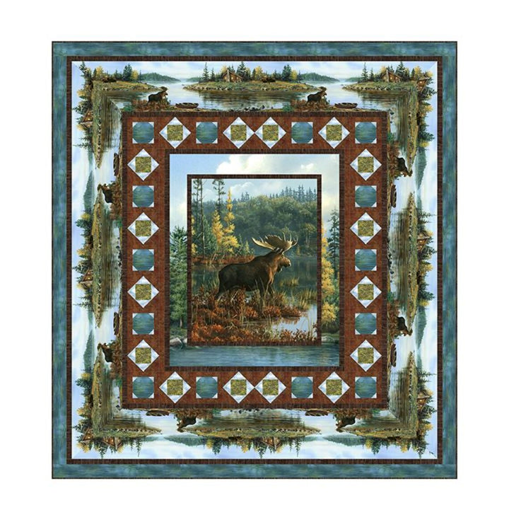 Northwood Moose Quilt Kit 76"x82", using fabrics from Northcott, Nature Landscape Moose Forest Outdoors Log Cabin Gift Queen Bed Quilt