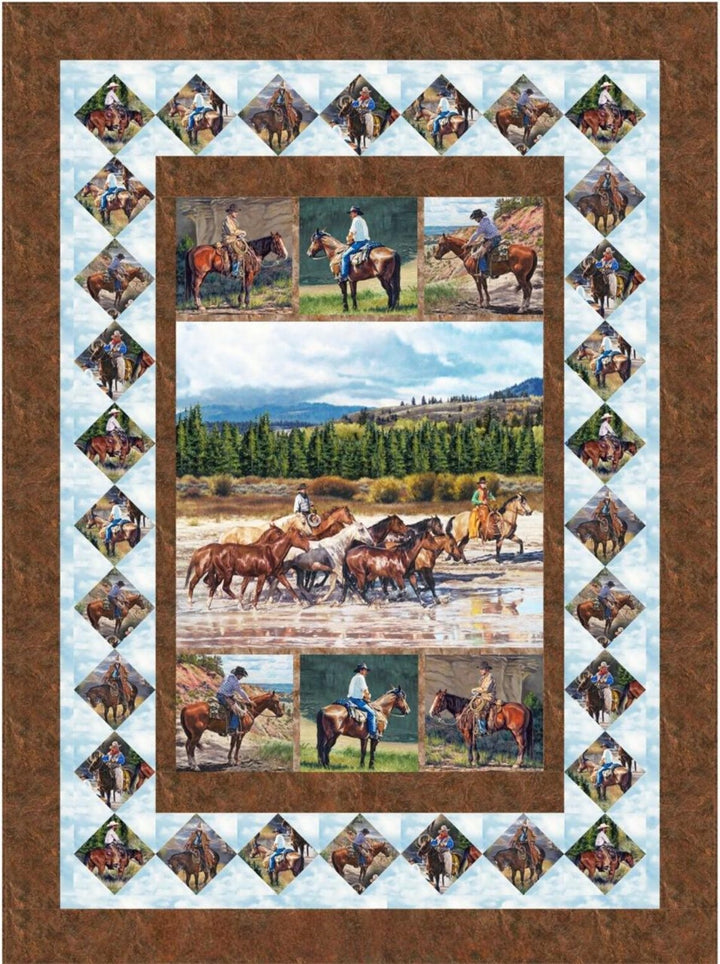 Quilt Kit 60"x72" Hidden Valley by Northcott, Horses Gift Bed Quilt Stream Horseshoes Home Decor Wild Horses Cowboys Wall Hanging